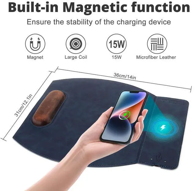 Alt view image 3 of 5 - Magnetic Wireless Charging Mouse Pad with Ergonomic Design, Mousepad with Wrist Support, Foldable Mousepad with Wrist Rest for Computer, Laptop, Office & Home, 14 x 12.1 in, Christmas, Blue