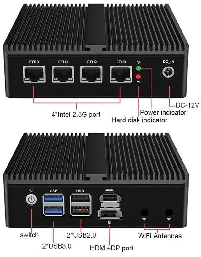 Alt view image 3 of 5 - HKUXZR Micro Firewall Appliance, 4 Inter i226-V 2.5Gbe LAN Ports, Fanless Mini PC Celeron N100 Quad Core, Support AES-NI Barebone Router PC VPN (16GB/256GB)