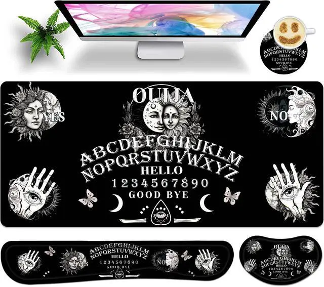 Main image of JYCUHTCL Large Gaming Mouse Pad Set 35.4 x 15.7 with Keyboard Wrist Rest, Wrist Support, and Coaster Memory Foam Smooth Desk Pad Mousepad for Home Office School - Ouija Board