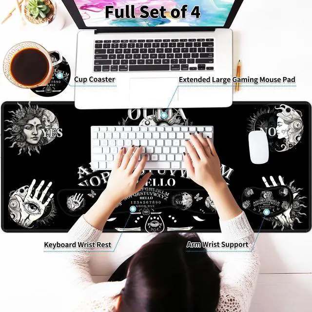 Alt view image 3 of 5 - JYCUHTCL Large Gaming Mouse Pad Set 35.4 x 15.7 with Keyboard Wrist Rest, Wrist Support, and Coaster Memory Foam Smooth Desk Pad Mousepad for Home Office School - Ouija Board