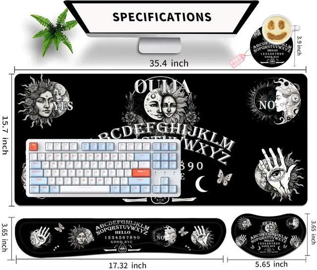 Alt view image 5 of 5 - JYCUHTCL Large Gaming Mouse Pad Set 35.4 x 15.7 with Keyboard Wrist Rest, Wrist Support, and Coaster Memory Foam Smooth Desk Pad Mousepad for Home Office School - Ouija Board