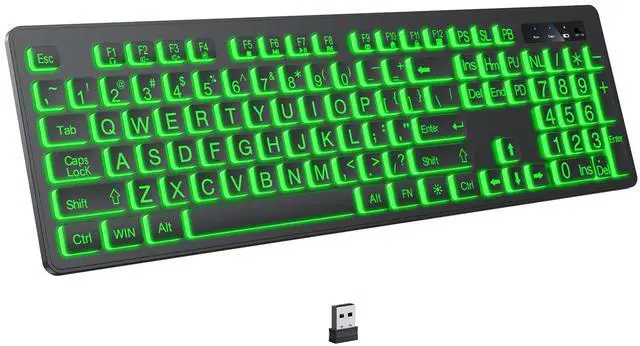 Main image of KOPJIPPOM Large Print Backlit Wireless Keyboard, 2.4G Silent Wireless Light Up Keyboard, Full Size Computer Keyboards with 7 Colored Backlits, Rechargeable Keyboards for Windows, PC, Laptop