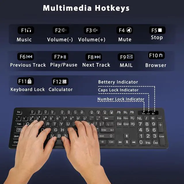 Alt view image 4 of 5 - KOPJIPPOM Large Print Backlit Wireless Keyboard, 2.4G Silent Wireless Light Up Keyboard, Full Size Computer Keyboards with 7 Colored Backlits, Rechargeable Keyboards for Windows, PC, Laptop