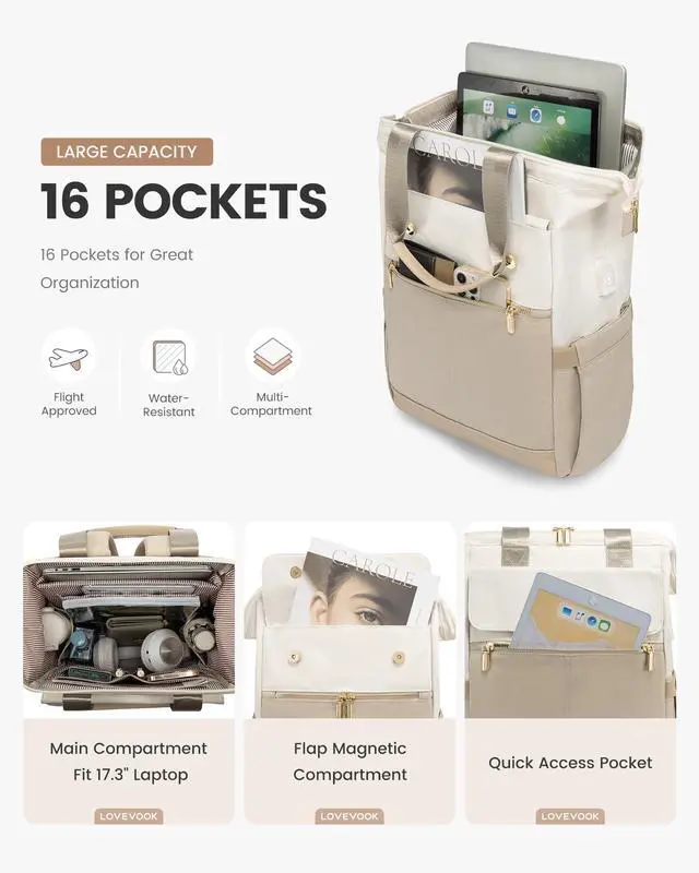 Alt view image 2 of 5 - LOVEVOOK 17.3 Inch Laptop Backpack for Women, Large Capacity Travel Backpack with Organizer Bag, Waterproof Carry on Backpack Purse Work Bag with USB Port for Teacher Nurse, Beige-Khaki