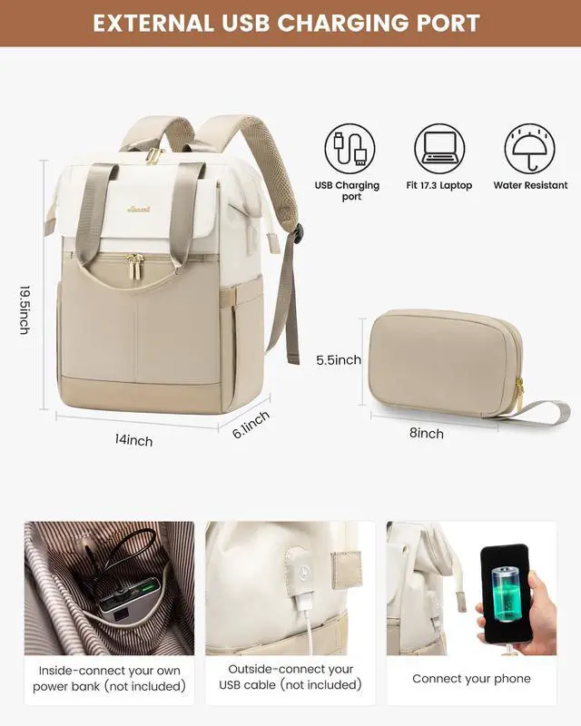 Alt view image 4 of 5 - LOVEVOOK 17.3 Inch Laptop Backpack for Women, Large Capacity Travel Backpack with Organizer Bag, Waterproof Carry on Backpack Purse Work Bag with USB Port for Teacher Nurse, Beige-Khaki