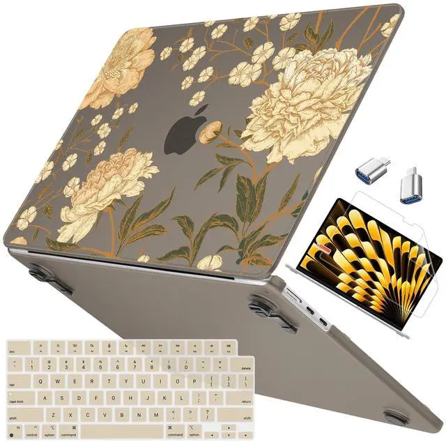 Main image of Mektron Case Compatible with MacBook Air 15.3 inch Printed Cover 2024/2023 M3 A3114 M2 A2941, [Same as Bare MacBook] Protective Hard Shell with Fold Kickstand, Peony Flowers C186