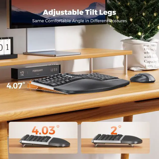 Alt view image 3 of 5 - MEETION Ergonomic Wireless Keyboard and Mouse Combo, 2.4G Curved Compact Keyboard with Cushioned Palm Rest, 4 Level DPI Adjustable Wireless Mouse, for Windows/Mac/Desktop/Laptop/PC, Gray Black