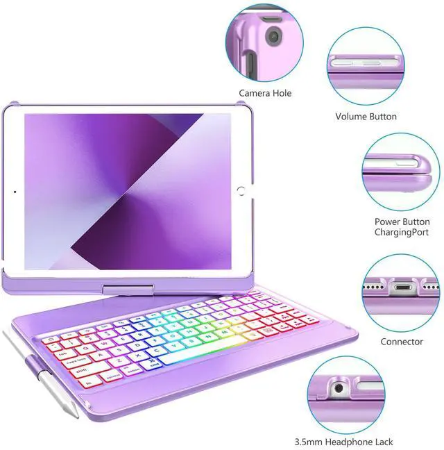 Alt view image 5 of 5 - MMK Keyboard Case for iPad 7th/8th/9th Gen 10.2 inch 2019/2020/2021, Bluetooth, 360 Rotatable, 10 Color Backlit Keyboard Cover Tablet Case