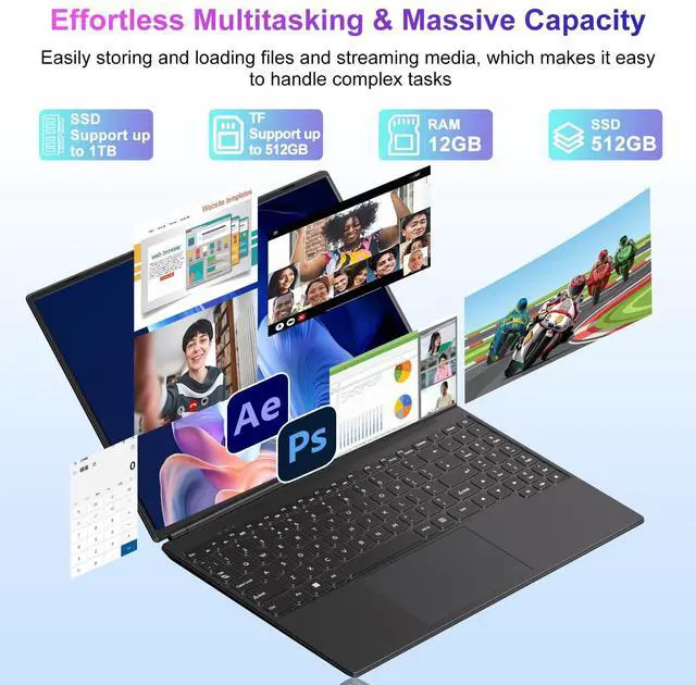 Alt view image 2 of 5 - Laptop 16" 12GB+512GB SSD Celeron N5095 Up to 2.9 GHz Win 11 Laptop Support 512GB TF 1TB SSD Expand Notebook with 1920*1200 FHD 5G WiFi BT 4.2 Webcam Cooling Fan for Students and Business-Black
