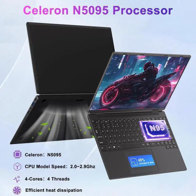 Alt view image 3 of 5 - Laptop 16" 12GB+512GB SSD Celeron N5095 Up to 2.9 GHz Win 11 Laptop Support 512GB TF 1TB SSD Expand Notebook with 1920*1200 FHD 5G WiFi BT 4.2 Webcam Cooling Fan for Students and Business-Black