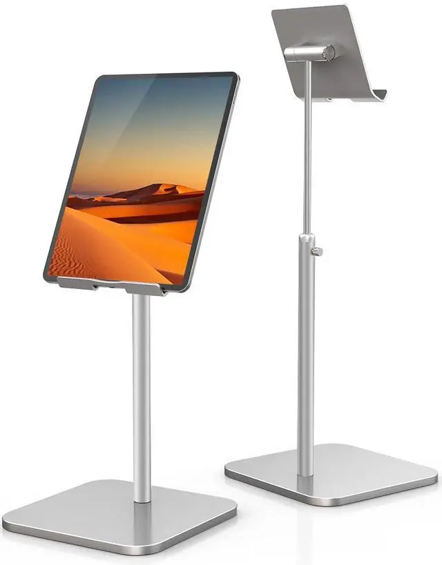 Main image of ODOSOLA Tablet Stand Height Angle Adjustable, Eye-Level Desktop iPad Stands Tablet Holder for Home Office, Cradle Dock for iPad Pro 12.9, Air Mini 4, Kindle, E-Reader, Nexus, iPhone (4-13'') Silver