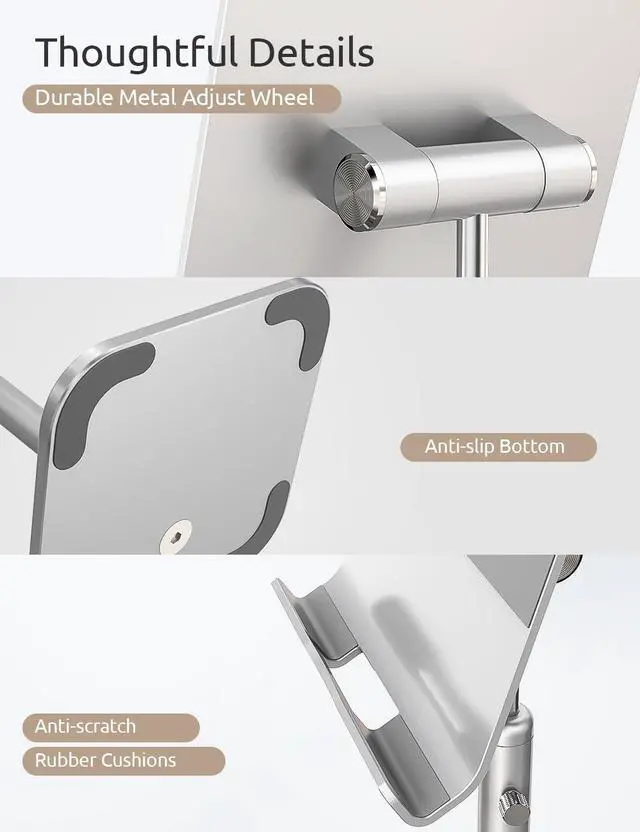 Alt view image 5 of 5 - ODOSOLA Tablet Stand Height Angle Adjustable, Eye-Level Desktop iPad Stands Tablet Holder for Home Office, Cradle Dock for iPad Pro 12.9, Air Mini 4, Kindle, E-Reader, Nexus, iPhone (4-13'') Silver