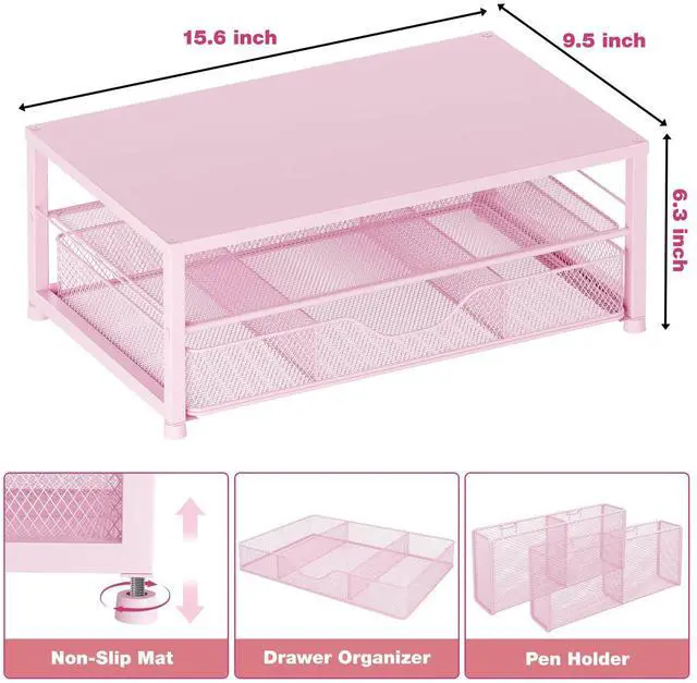 Alt view image 3 of 5 - OPNICE Desk Organizers and Accessories, 2-Tier Computer Monitor Stand Riser with Drawer and 2 Pen Holders, Office Desk Accessories for Office Supplies, Pink
