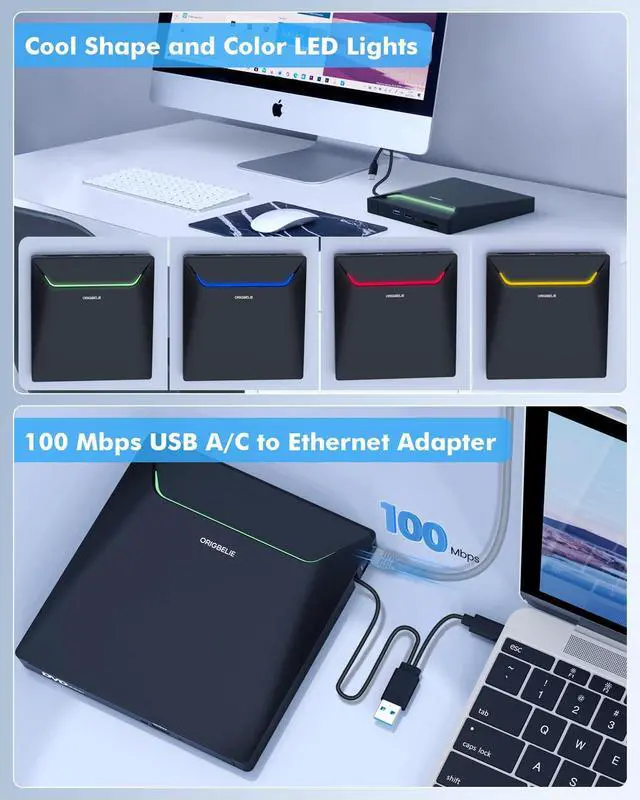 Alt view image 5 of 5 - New External CD DVD Drive, Cool DVD Burner USB 3.0 with Ethernet Adapter, 3 USB and 2 TF/SD Card Ports, CD DVD Player Reader Writer Optical Disc Drive for Laptop MacBook PC Windows Linux Mac OS