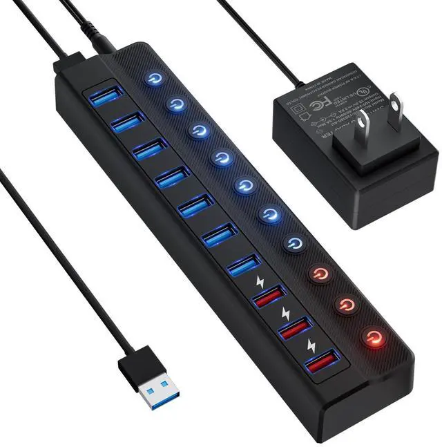 Main image of ONFINIO Powered USB Hub, 10-Port USB Splitter Hub (7 Faster Data Transfer Ports+ 3 Smart Charging Port) with Individual LED On/Off Switches and 12V/3A Power Adapter USB Extension for Mac, PC and More
