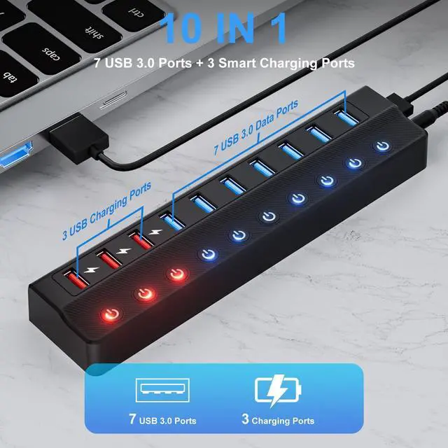 Alt view image 2 of 5 - ONFINIO Powered USB Hub, 10-Port USB Splitter Hub (7 Faster Data Transfer Ports+ 3 Smart Charging Port) with Individual LED On/Off Switches and 12V/3A Power Adapter USB Extension for Mac, PC and More