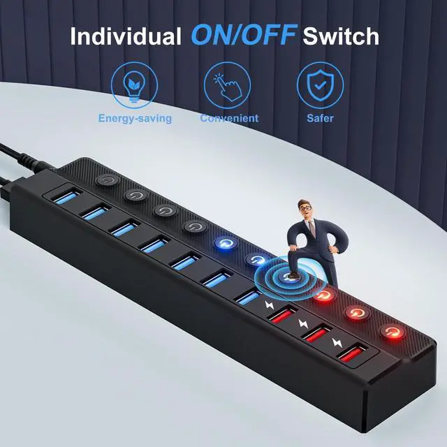 Alt view image 5 of 5 - ONFINIO Powered USB Hub, 10-Port USB Splitter Hub (7 Faster Data Transfer Ports+ 3 Smart Charging Port) with Individual LED On/Off Switches and 12V/3A Power Adapter USB Extension for Mac, PC and More