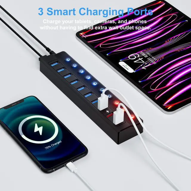Alt view image 4 of 5 - ONFINIO Powered USB Hub, 10-Port USB Splitter Hub (7 Faster Data Transfer Ports+ 3 Smart Charging Port) with Individual LED On/Off Switches and 12V/3A Power Adapter USB Extension for Mac, PC and More