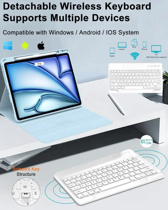 Alt view image 5 of 5 - Keyboard Case for iPad Air 13 inch (M3 2025 / M2 2024), Magnetic Detachable Slim Wireless Keyboard, Precise Cutouts Folio Cover Case with Pencil Holder, Adjustable Angles, Auto Sleep/Wake, Sky Blue