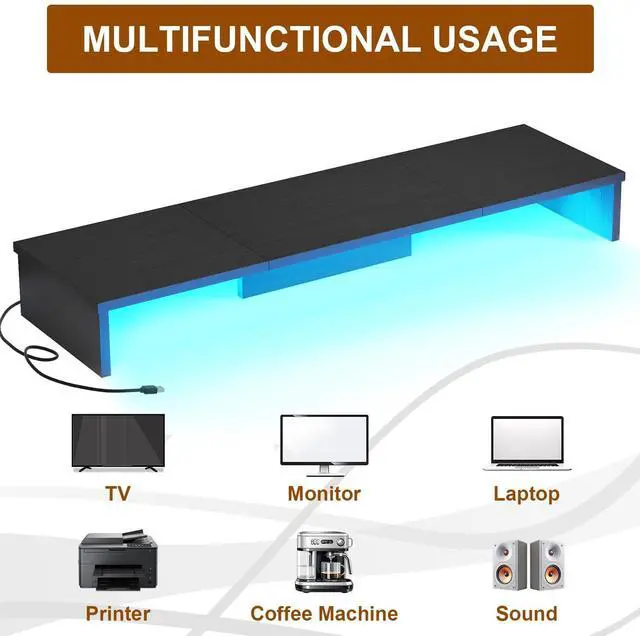 Alt view image 5 of 5 - Qupui Dual Monitor Stand Riser for Desk with LED Lights, Large Computer Monitor Stand for 2 Monitors, Desk Shelf for Top of Desk, Desktop Organizer for Computer, Laptop, Printer, TV