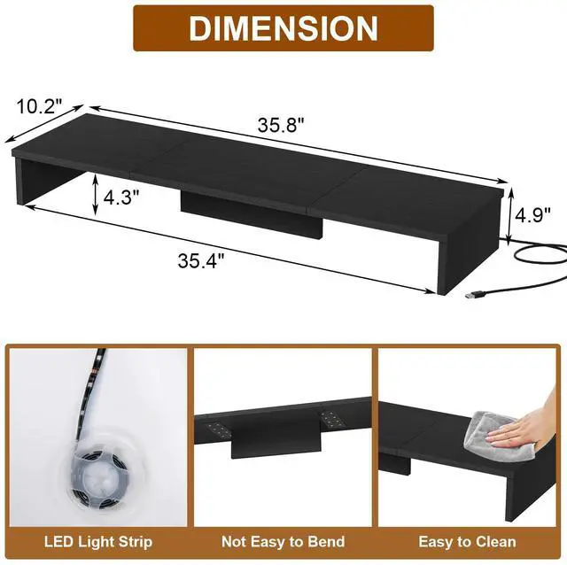 Alt view image 4 of 5 - Qupui Dual Monitor Stand Riser for Desk with LED Lights, Large Computer Monitor Stand for 2 Monitors, Desk Shelf for Top of Desk, Desktop Organizer for Computer, Laptop, Printer, TV
