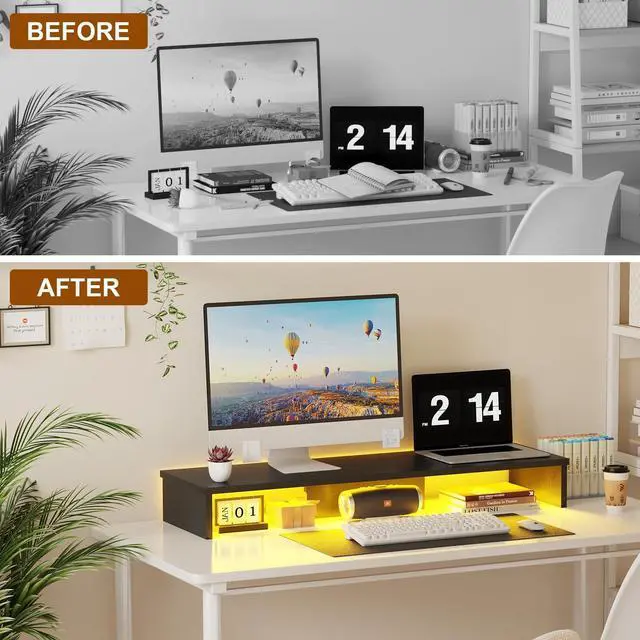 Alt view image 3 of 5 - Qupui Dual Monitor Stand Riser for Desk with LED Lights, Large Computer Monitor Stand for 2 Monitors, Desk Shelf for Top of Desk, Desktop Organizer for Computer, Laptop, Printer, TV