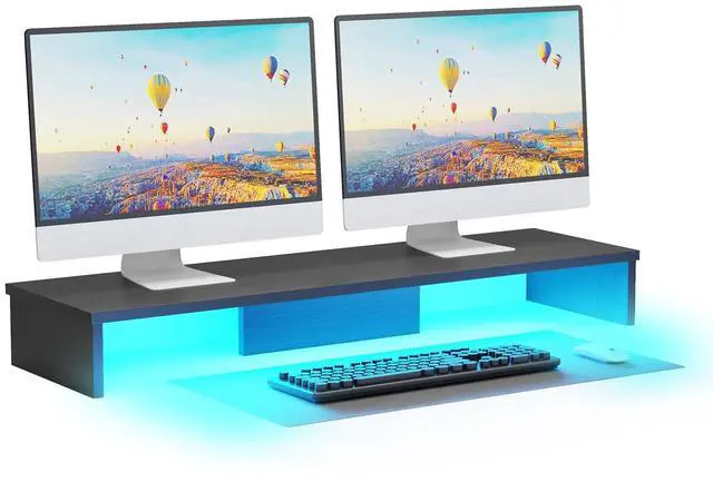 Main image of Qupui Dual Monitor Stand Riser for Desk with LED Lights, Large Computer Monitor Stand for 2 Monitors, Desk Shelf for Top of Desk, Desktop Organizer for Computer, Laptop, Printer, TV