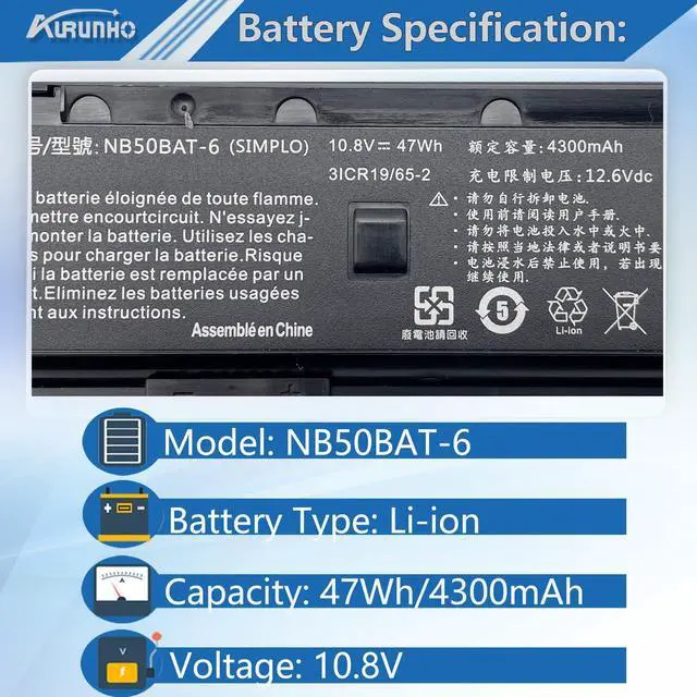 Alt view image 2 of 5 - AURUNHO NB50BAT-6 47Wh Laptop Battery Replacement for Clevo NB50TK1 NB50TJ1 NB50TL NB50TZ NB60TA/Hasee DD3 Plus ZX6-CP5S ZX6-CP5S1/Shinelon HUIMIEZHE DD2/Wooking 17T5/Cjscope QX-350 RX 10.8V