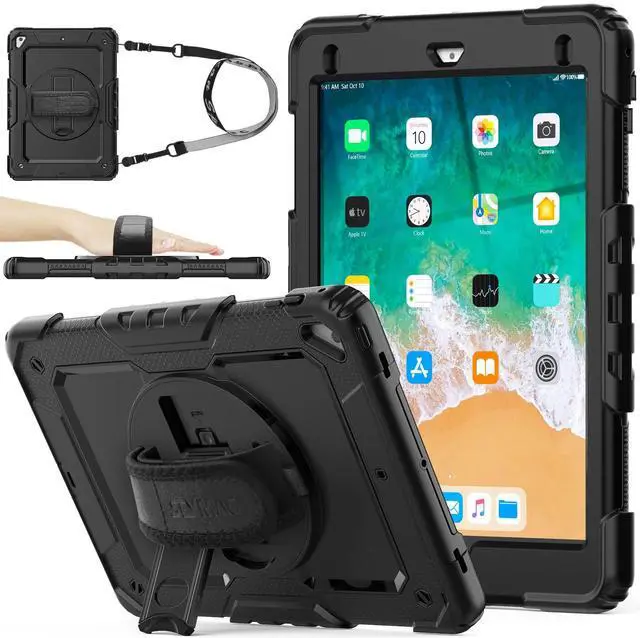Main image of SEYMAC stock Case for iPad 6th / 5th Generation Case/Air 2 / Pro 9.7 inch, Heavy Duty Protective with Screen Protector, with Pencil Holder, Hand Strap, Shoulder Strap, 360 Rotate Stand, Black