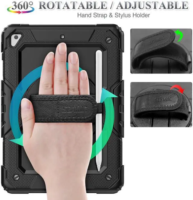 Alt view image 2 of 5 - SEYMAC stock Case for iPad 6th / 5th Generation Case/Air 2 / Pro 9.7 inch, Heavy Duty Protective with Screen Protector, with Pencil Holder, Hand Strap, Shoulder Strap, 360 Rotate Stand, Black