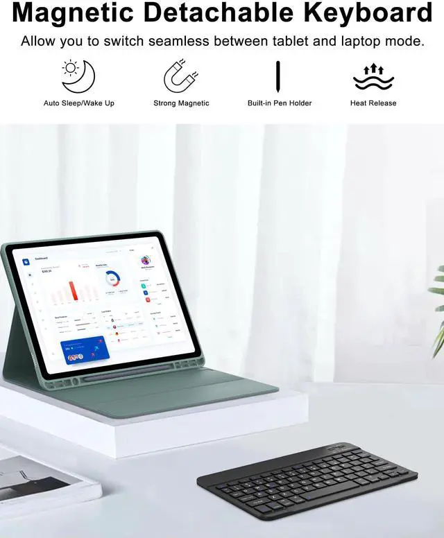 Alt view image 4 of 5 - Galaxy Tab S9 FE 10.9inch Keyboard Case for Samsung Tablet S9 11in 2023, Magic Detachable Keyboard for Samsung Galaxy Tab S9/S9FE 5G, Pen Holder&Support Charging, Smart Cover Case for S9FE Tab, Green