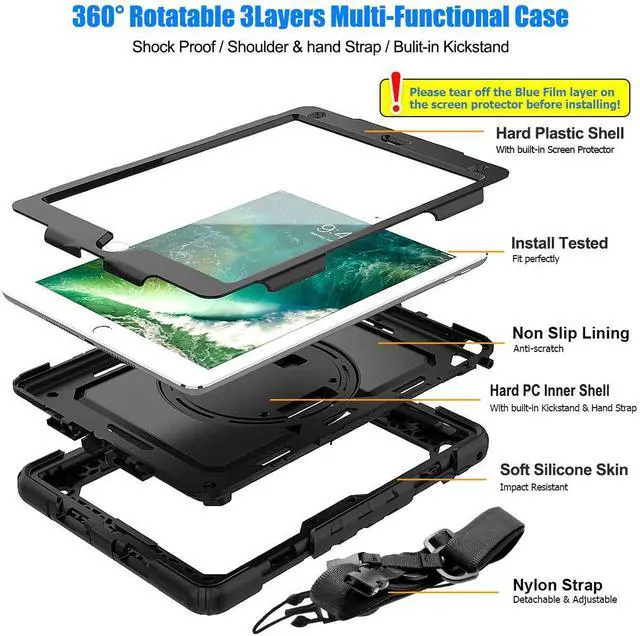 Alt view image 5 of 5 - SEYMAC stock Case for iPad 6th / 5th Generation Case/Air 2 / Pro 9.7 inch, Heavy Duty Protective with Screen Protector, with Pencil Holder, Hand Strap, Shoulder Strap, 360 Rotate Stand, Black