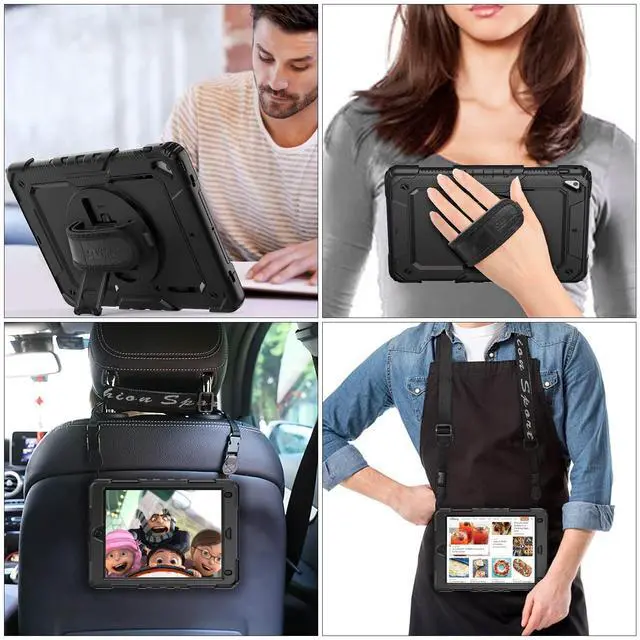 Alt view image 4 of 5 - SEYMAC stock Case for iPad 6th / 5th Generation Case/Air 2 / Pro 9.7 inch, Heavy Duty Protective with Screen Protector, with Pencil Holder, Hand Strap, Shoulder Strap, 360 Rotate Stand, Black