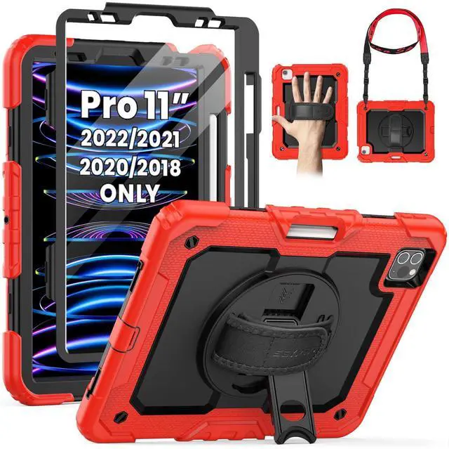 Main image of SEYMAC Case for iPad Pro 11 Case 4th/ 3rd/ 2nd/ 1st Gen (2022/2021/2020/2018), Full-Body Shockproof Protective Case with Screen Protector, 360deg Rotating Stand and Hand/Shoulder Strap, Red