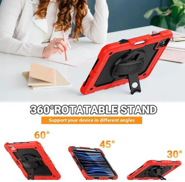 Alt view image 4 of 5 - SEYMAC Case for iPad Pro 11 Case 4th/ 3rd/ 2nd/ 1st Gen (2022/2021/2020/2018), Full-Body Shockproof Protective Case with Screen Protector, 360deg Rotating Stand and Hand/Shoulder Strap, Red