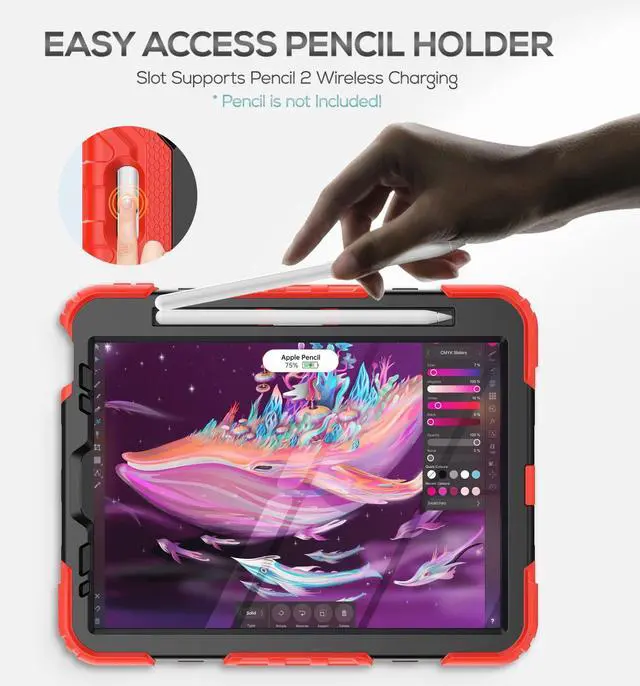Alt view image 5 of 5 - SEYMAC Case for iPad Pro 11 Case 4th/ 3rd/ 2nd/ 1st Gen (2022/2021/2020/2018), Full-Body Shockproof Protective Case with Screen Protector, 360deg Rotating Stand and Hand/Shoulder Strap, Red