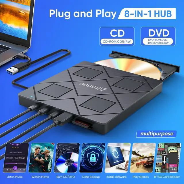 Alt view image 2 of 5 - External CD/DVD Drive,upgrade 8 in 1,USB 3.0,2 type-c port,Ultra Slim,Portable Optical Disk Drive Player Burner Reader Writer for Laptop Macbook Desktop PC Compatible with Windows 11/10/8 Linux Mac OS