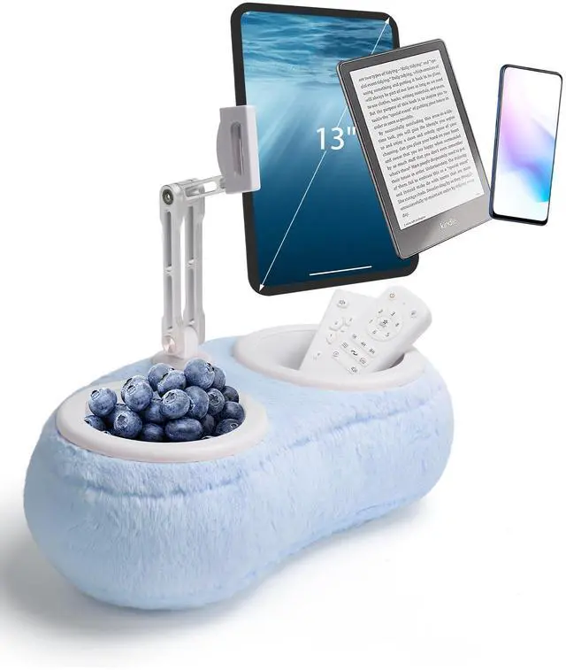 Main image of SHUWEI Lap Kindle Pillow Stand,Adjustable Aluminum Arm iPad Holder with Dual Snack Bowls,360deg Rotating Clip for 4.7-13" Kindle,Phone,Tablet.Ideal for Hands-Free Reading and Relaxation on Bed & Sofa