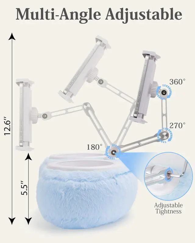 Alt view image 4 of 5 - SHUWEI Lap Kindle Pillow Stand,Adjustable Aluminum Arm iPad Holder with Dual Snack Bowls,360deg Rotating Clip for 4.7-13" Kindle,Phone,Tablet.Ideal for Hands-Free Reading and Relaxation on Bed & Sofa