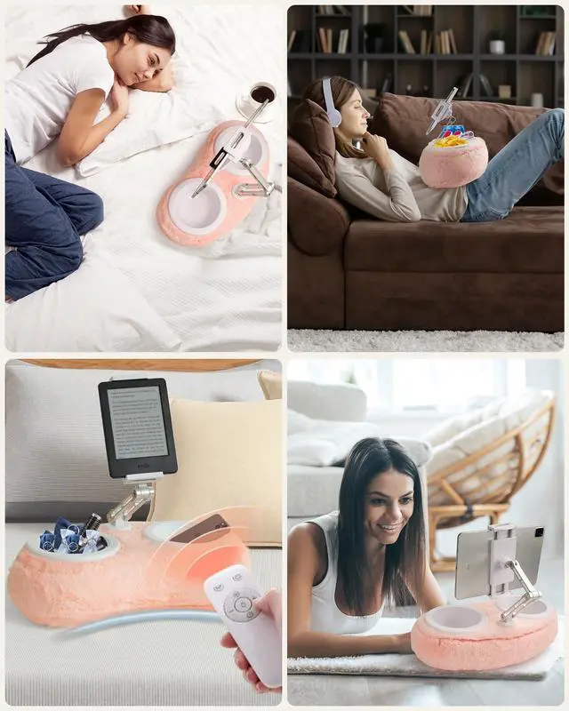 Alt view image 2 of 5 - SHUWEI Lap Kindle Pillow Stand,Adjustable Aluminum Arm iPad Holder with Dual Snack Bowls,360deg Rotating Clip for 4.7-13" Kindle,Phone,Tablet.Ideal for Hands-Free Reading and Relaxation on Bed & Sofa