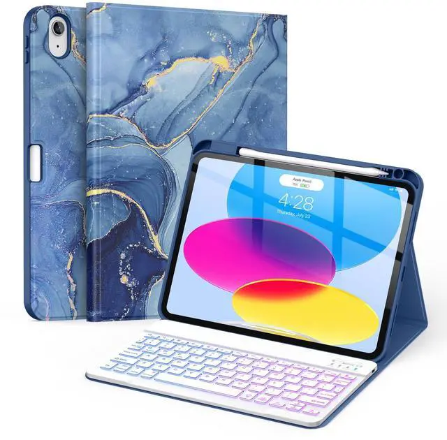 Main image of Soke for iPad (A16) 11th/10th Generation Case with Keyboard(2025/2022)-7 Color Backlight Wireless Detachable Folio Keyboard Cover with Built-in Pencil Holder for iPad 11/10.9 inch, Ocean Marble
