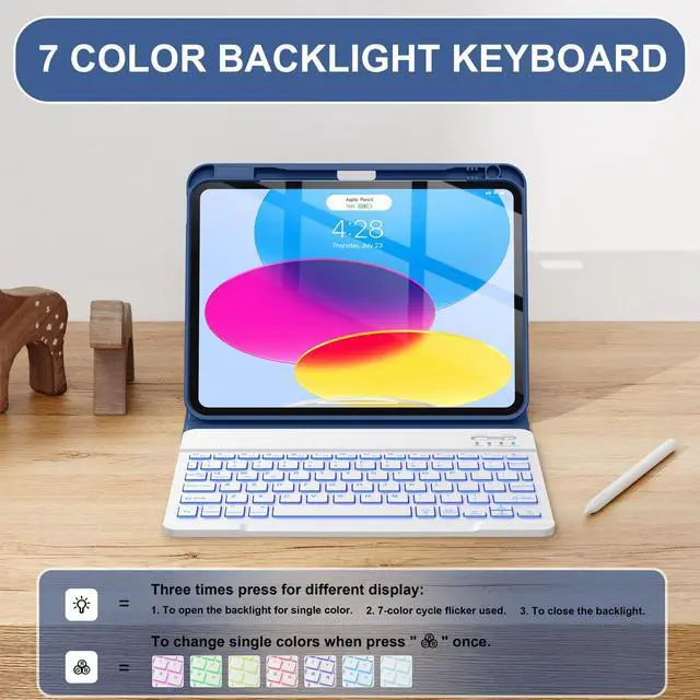 Alt view image 4 of 5 - Soke for iPad (A16) 11th/10th Generation Case with Keyboard(2025/2022)-7 Color Backlight Wireless Detachable Folio Keyboard Cover with Built-in Pencil Holder for iPad 11/10.9 inch, Ocean Marble