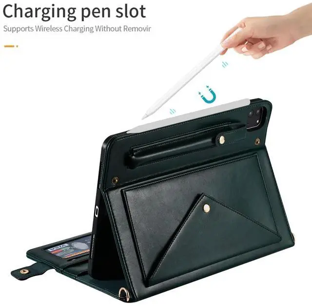 Alt view image 4 of 5 - Handbag Case for iPad Air 13" & Pro 12.9" 2018-2022, Techcircle PU Leather Folio Stand iPad Crossbody Wallet Case with Pencil Pocket, Card Slots, Hand Strap+Shoulder Strap, Midnight Green