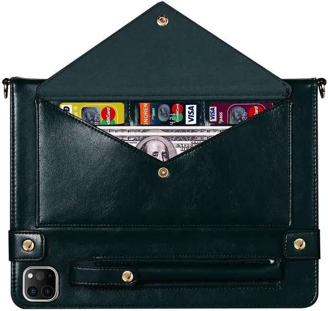 Alt view image 5 of 5 - Handbag Case for iPad Air 13" & Pro 12.9" 2018-2022, Techcircle PU Leather Folio Stand iPad Crossbody Wallet Case with Pencil Pocket, Card Slots, Hand Strap+Shoulder Strap, Midnight Green