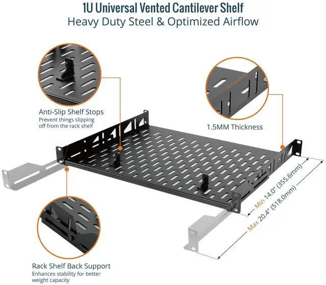 Alt view image 3 of 5 - Tecmojo 1U Rack Shelf, 14 inch Depth, Anti-Slip Stops, Server & Network Shelf for 19 in Equipments, 110lbs Vented Capacity, No Lip (2 Pack)