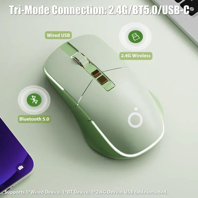 Alt view image 2 of 5 - TISHLED Wireless Gaming Mouse Tri-Mode 2.4Ghz/Bluetooth 5.0/Wired USB-C with RGB LED Backlit 5-Level DPI Rechargeable Ergonomic Silent Optical Mice for iMac/MacBook/Computer/Laptop, Matcha Green