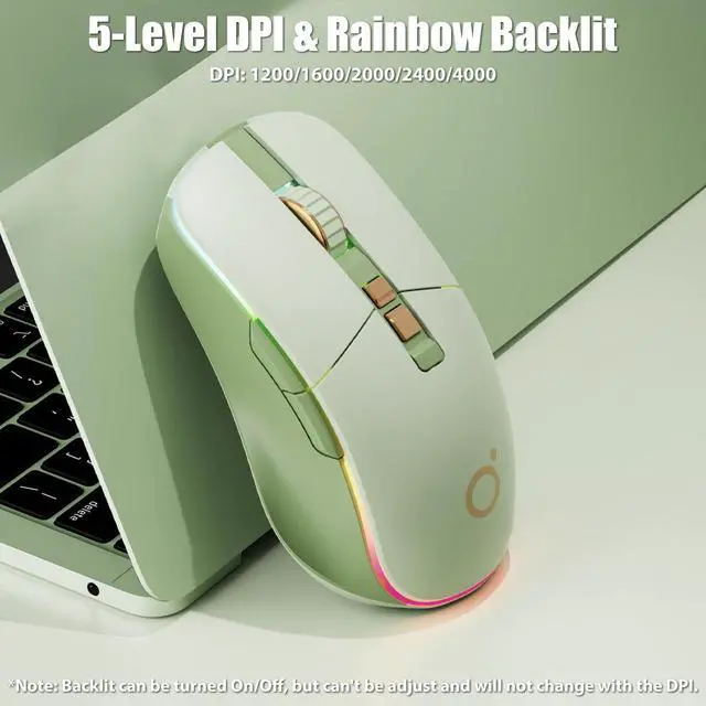 Alt view image 4 of 5 - TISHLED Wireless Gaming Mouse Tri-Mode 2.4Ghz/Bluetooth 5.0/Wired USB-C with RGB LED Backlit 5-Level DPI Rechargeable Ergonomic Silent Optical Mice for iMac/MacBook/Computer/Laptop, Matcha Green