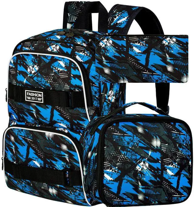 Main image of 17 Inches Boys Backpack, 3Pcs School Bookbag Set for Teens College Students, Graffiti Laptop Backpacks with Lunch Box (Blue)