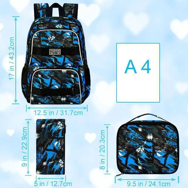 Alt view image 4 of 5 - 17 Inches Boys Backpack, 3Pcs School Bookbag Set for Teens College Students, Graffiti Laptop Backpacks with Lunch Box (Blue)