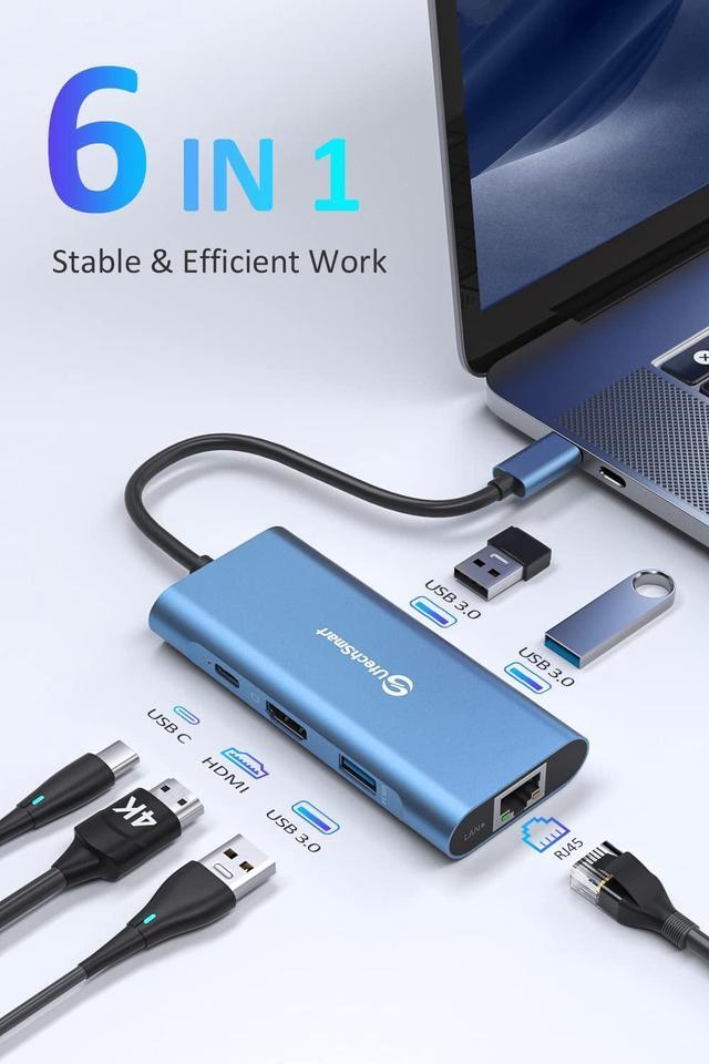 Alt view image 2 of 5 - UtechSmart USB C Hub, Ethernet Multiport Adapter 6 in 1 USB C to HDMI Dock Compatible for MacBook Pro/Air, Chromebook, Dell XPS, HP and Type C Devices (Gigabit Ethernet 100W PD 4K HDMI USB 3.0) Blue